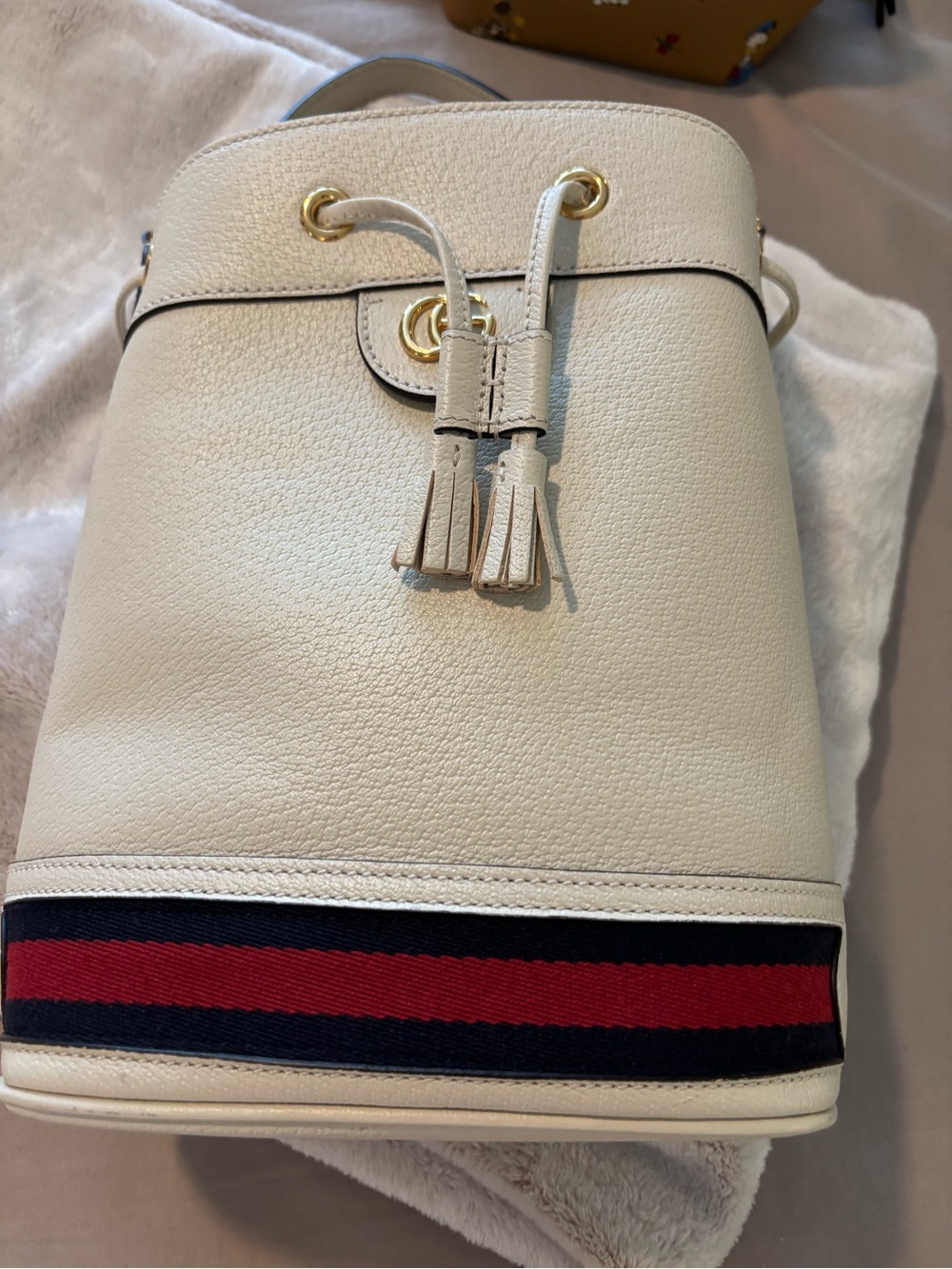 Gucci Cream Leather Bucket Bag with Red & Navy Stripe